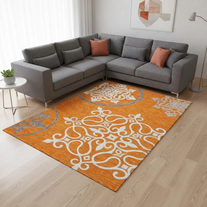 Orange Ivory And Gray Floral Medallion Washable Area Rug With UV Protection Photo 2