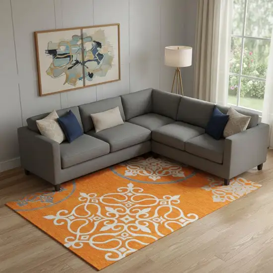 Orange Ivory And Gray Floral Medallion Washable Area Rug With UV Protection Photo 1