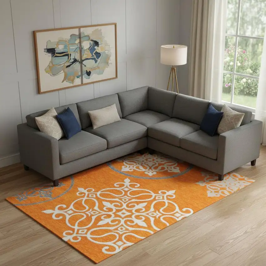 Orange Ivory And Gray Floral Medallion Washable Area Rug With UV Protection Photo 1