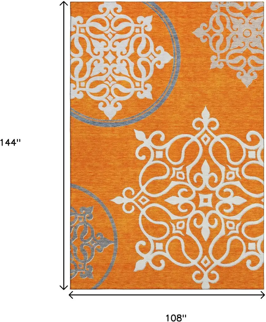 Orange Ivory And Gray Floral Medallion Washable Area Rug With UV Protection Photo 9