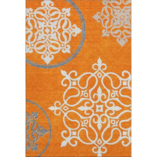 Orange Ivory And Gray Floral Medallion Washable Area Rug With UV Protection Photo 1