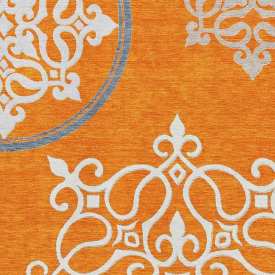 Orange Ivory And Gray Floral Medallion Washable Area Rug With UV Protection Photo 3