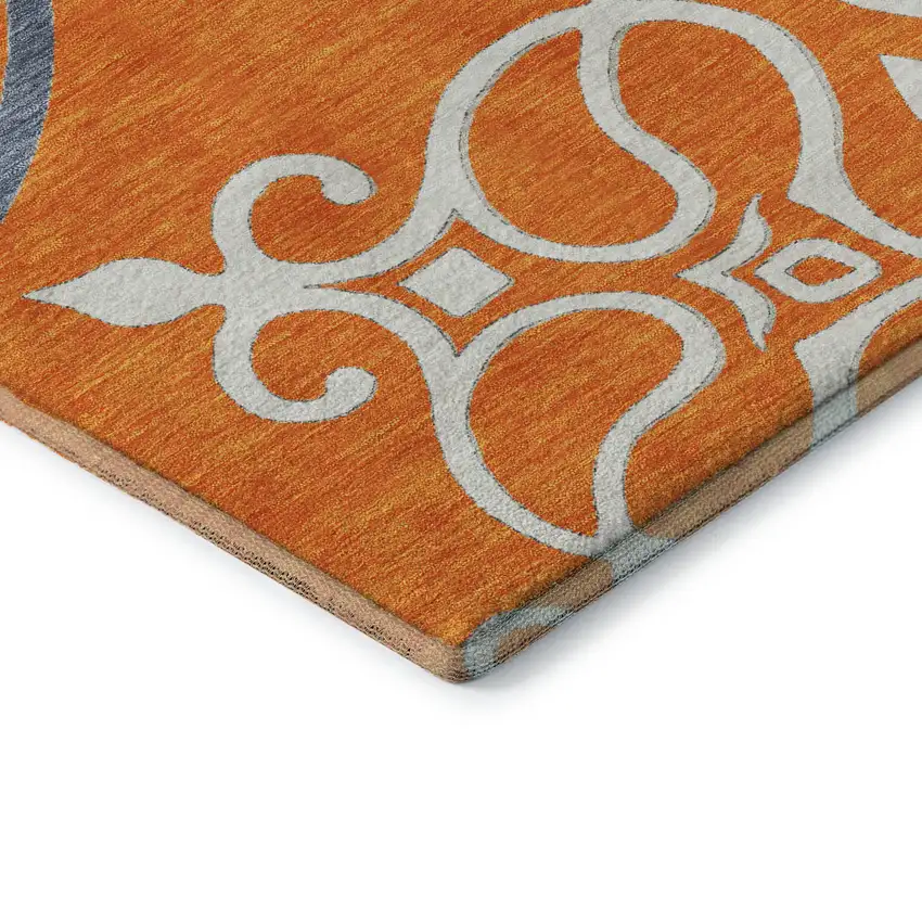 Orange Ivory And Gray Floral Medallion Washable Area Rug With UV Protection Photo 8