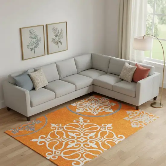 Orange Ivory And Gray Floral Medallion Washable Area Rug With UV Protection Photo 1