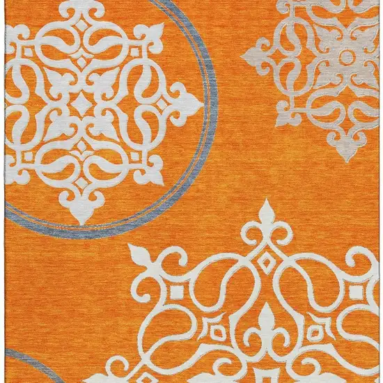 Orange Ivory And Gray Floral Medallion Washable Area Rug With UV Protection Photo 4
