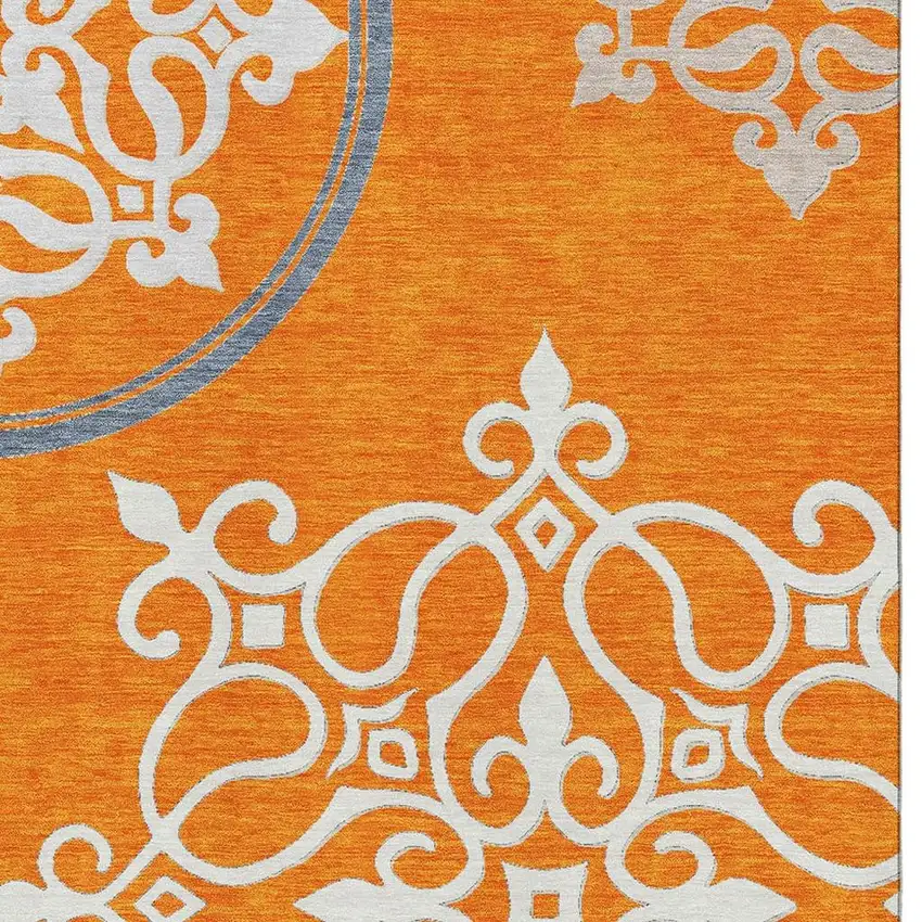 Orange Ivory And Gray Floral Medallion Washable Area Rug With UV Protection Photo 3