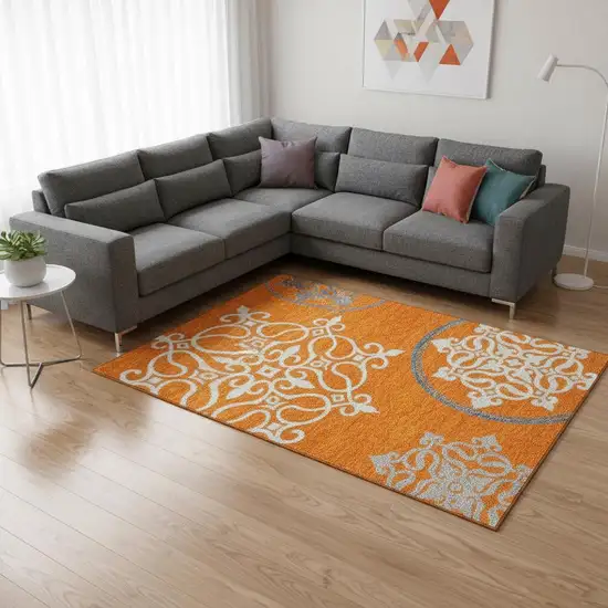 Orange Ivory And Gray Floral Medallion Washable Area Rug With UV Protection Photo 2