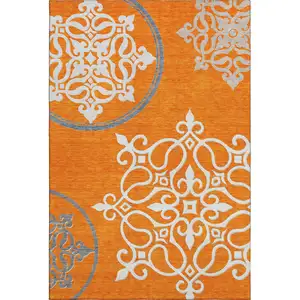 Photo of Orange Ivory And Gray Floral Medallion Washable Area Rug With UV Protection