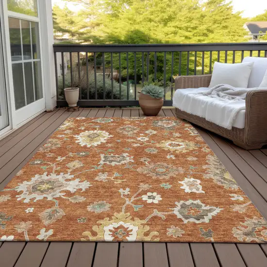 Orange Ivory And Gray Floral Washable Indoor Outdoor Area Rug Photo 7