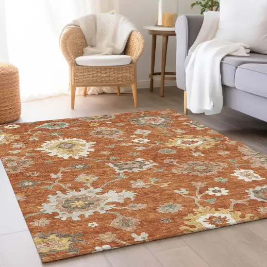 Orange Ivory And Gray Floral Washable Indoor Outdoor Area Rug Photo 8
