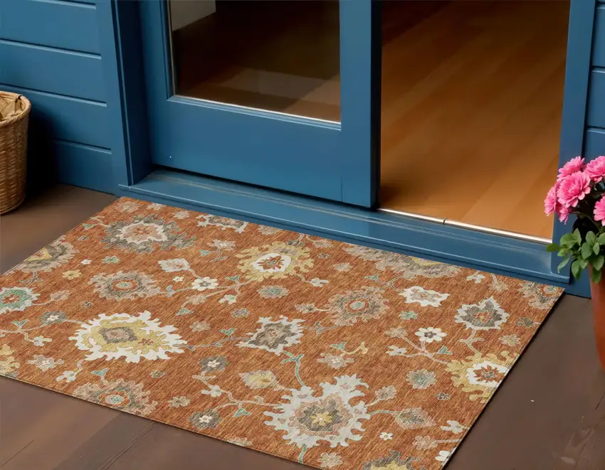Orange Ivory And Gray Floral Washable Indoor Outdoor Area Rug Photo 1