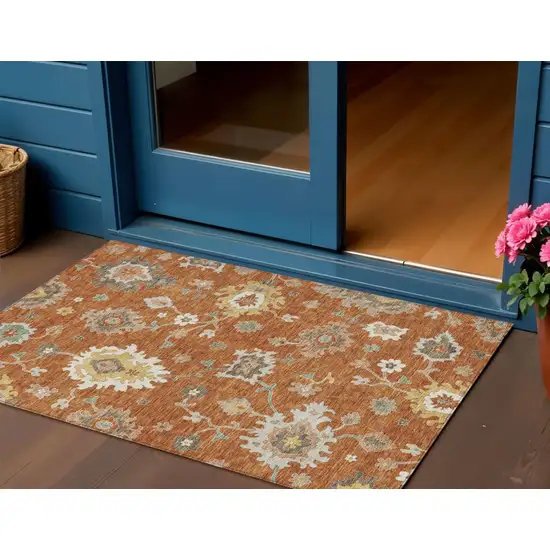 Orange Ivory And Gray Floral Washable Indoor Outdoor Area Rug Photo 1