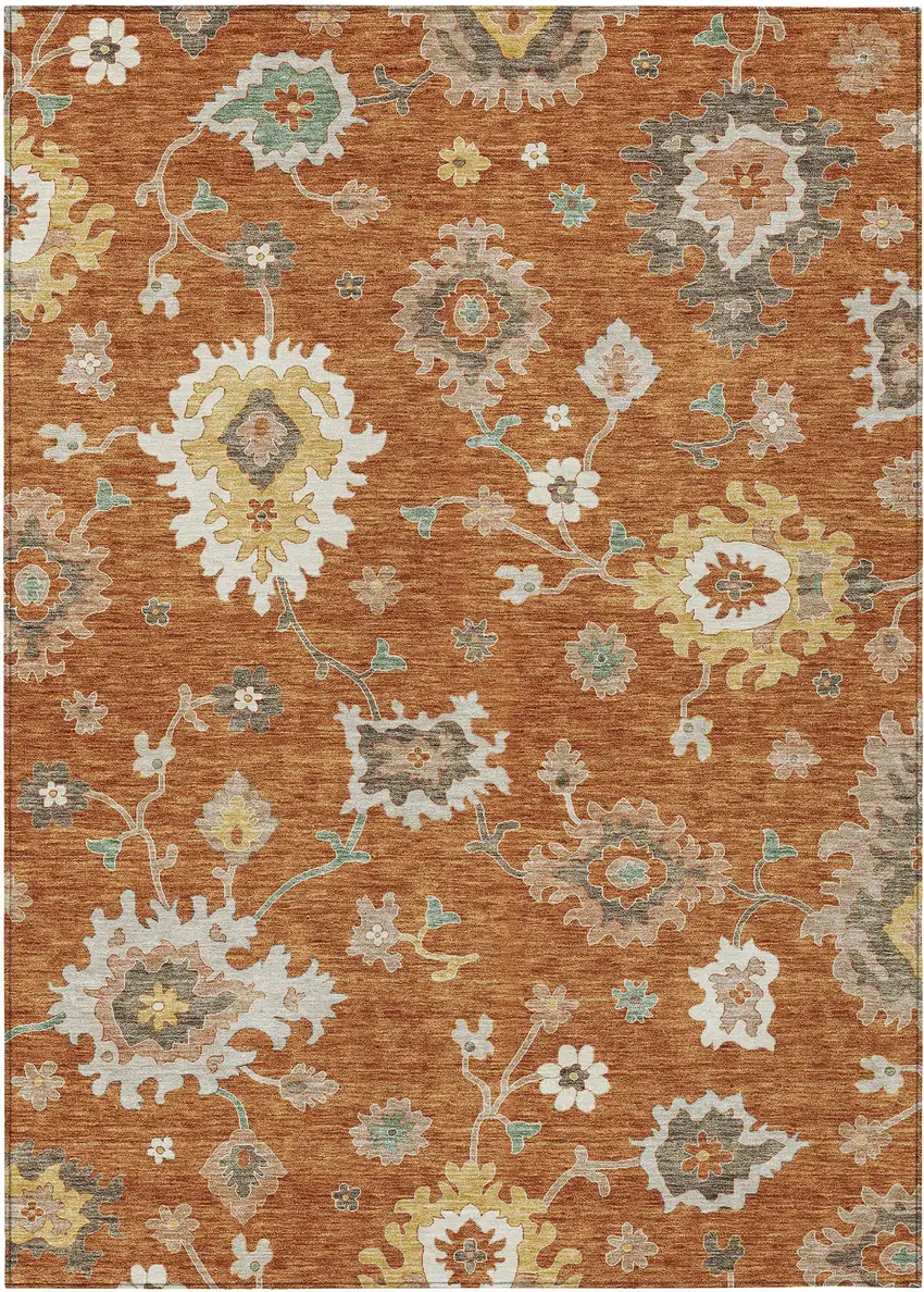 Orange Ivory And Gray Floral Washable Indoor Outdoor Area Rug Photo 1