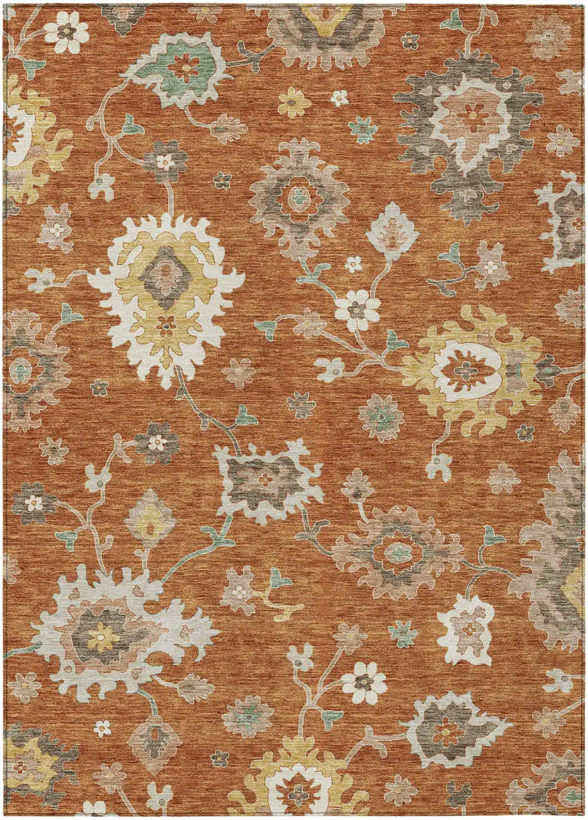 Orange Ivory And Gray Floral Washable Indoor Outdoor Area Rug Photo 1