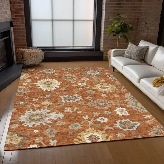 Orange Ivory And Gray Floral Washable Indoor Outdoor Area Rug Photo 9