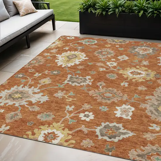 Orange Ivory And Gray Floral Washable Indoor Outdoor Area Rug Photo 1