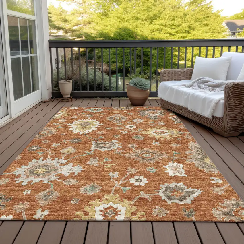 Orange Ivory And Gray Floral Washable Indoor Outdoor Area Rug Photo 8