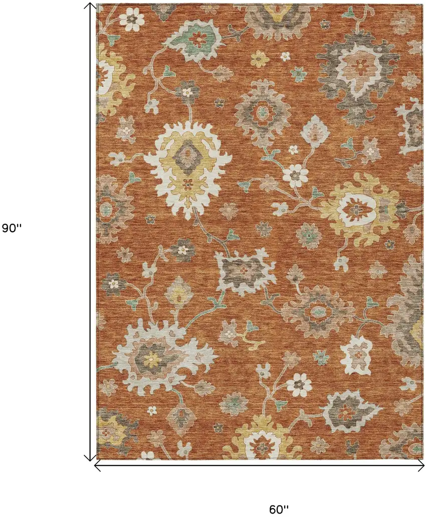 Orange Ivory And Gray Floral Washable Indoor Outdoor Area Rug Photo 8