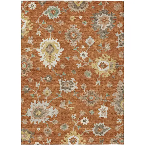 Orange Ivory And Gray Floral Washable Indoor Outdoor Area Rug Photo 1