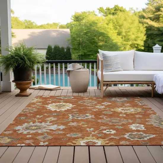 Orange Ivory And Gray Floral Washable Indoor Outdoor Area Rug Photo 9