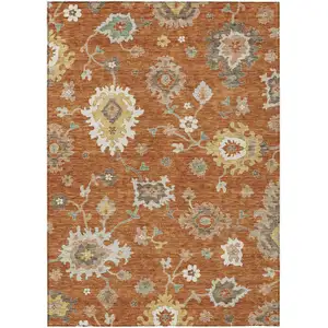 Photo of Orange Ivory And Gray Floral Washable Indoor Outdoor Area Rug