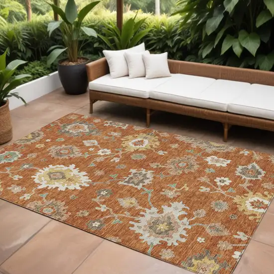 Orange Ivory And Gray Floral Washable Indoor Outdoor Area Rug Photo 1