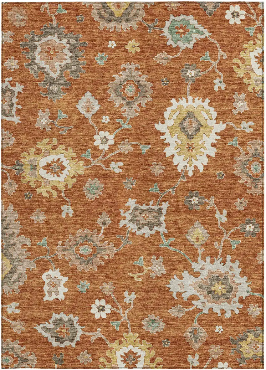 Orange Ivory And Gray Floral Washable Indoor Outdoor Area Rug Photo 5