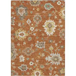 Photo of Orange Ivory And Gray Floral Washable Indoor Outdoor Area Rug