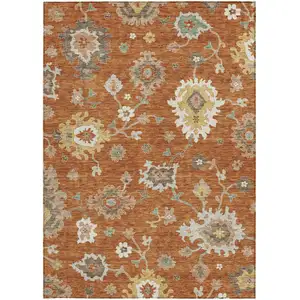 Photo of Orange Ivory And Gray Floral Washable Indoor Outdoor Area Rug