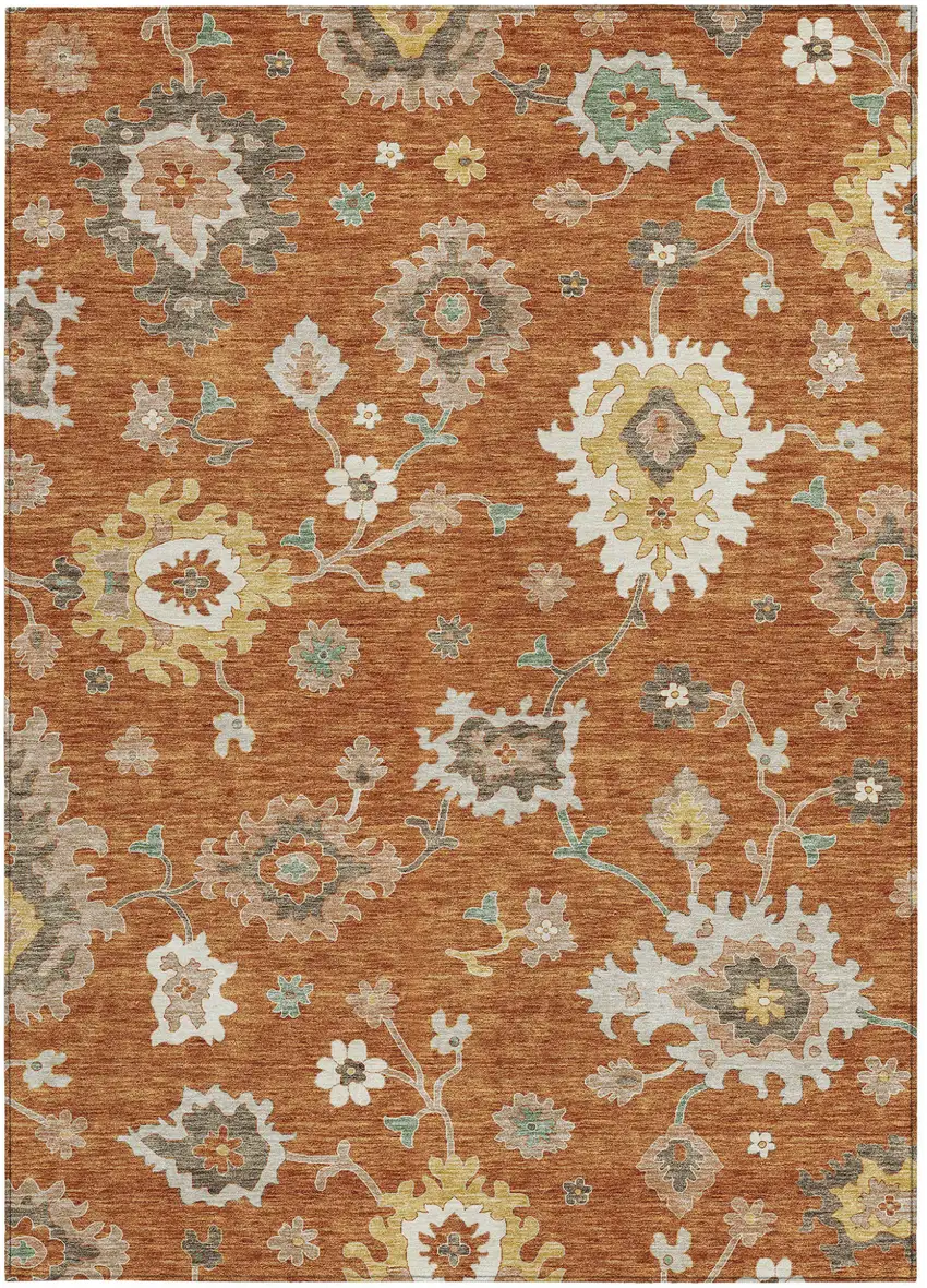 Orange Ivory And Gray Floral Washable Indoor Outdoor Area Rug Photo 5