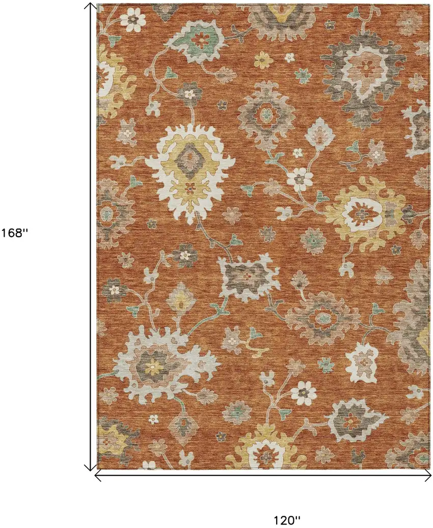 Orange Ivory And Gray Floral Washable Indoor Outdoor Area Rug Photo 8
