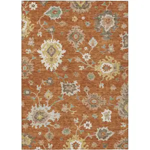 Photo of Orange Ivory And Gray Floral Washable Indoor Outdoor Area Rug
