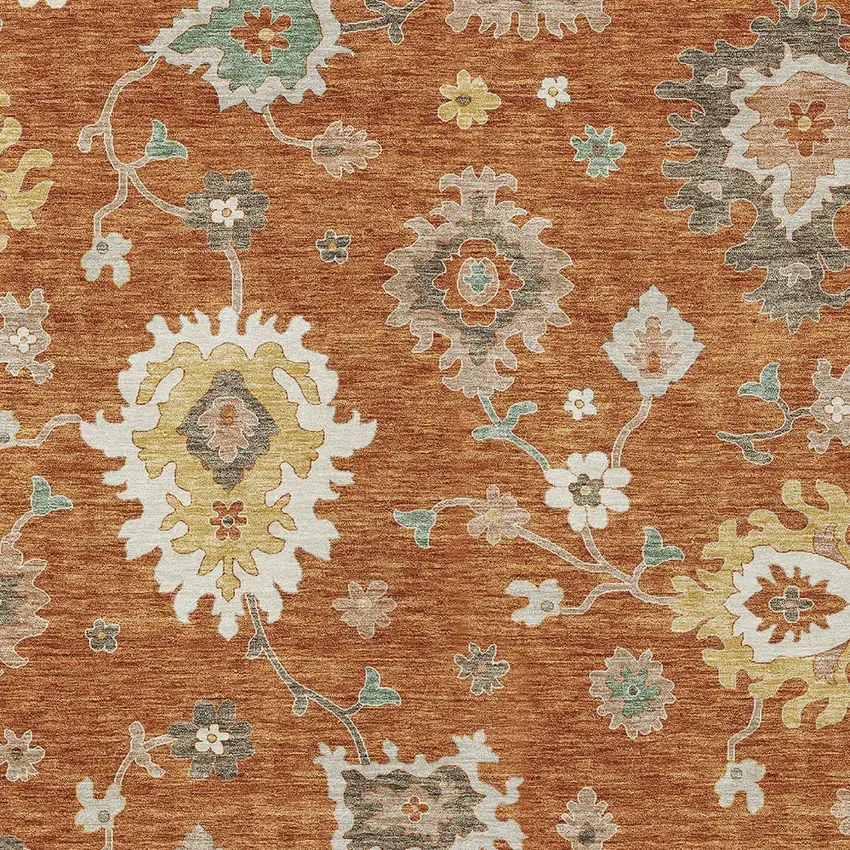 Orange Ivory And Gray Floral Washable Indoor Outdoor Area Rug Photo 5
