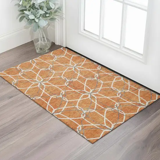 Orange Ivory And Gray Geometric Washable Area Rug With UV Protection Photo 2