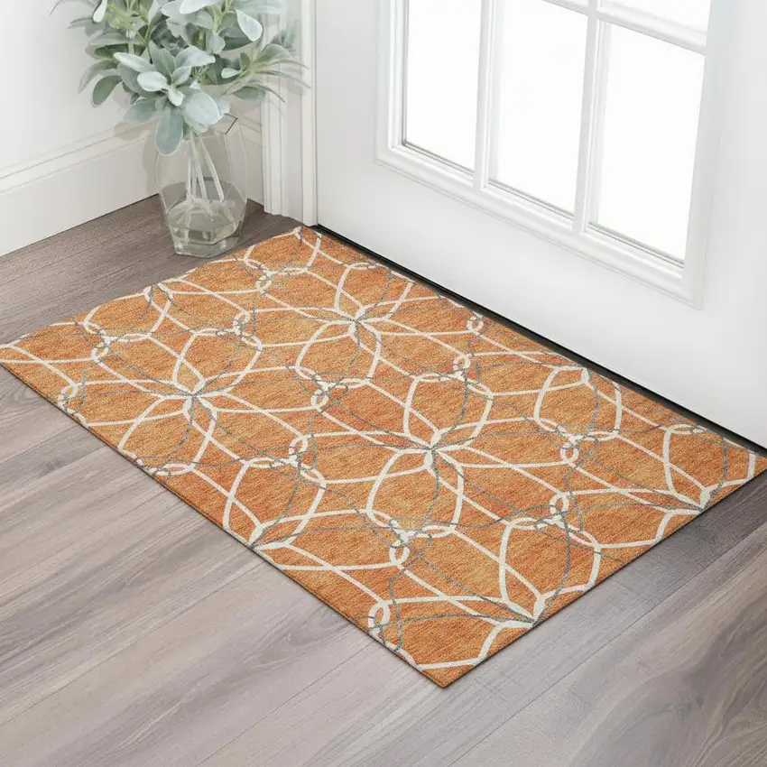 Orange Ivory And Gray Geometric Washable Area Rug With UV Protection Photo 2