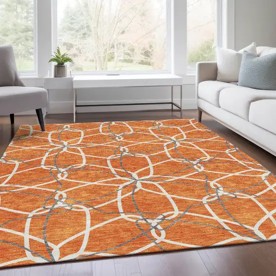 Orange Ivory And Gray Geometric Washable Area Rug With UV Protection Photo 5