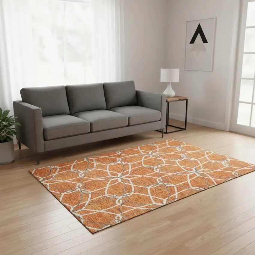 Orange Ivory And Gray Geometric Washable Area Rug With UV Protection Photo 2
