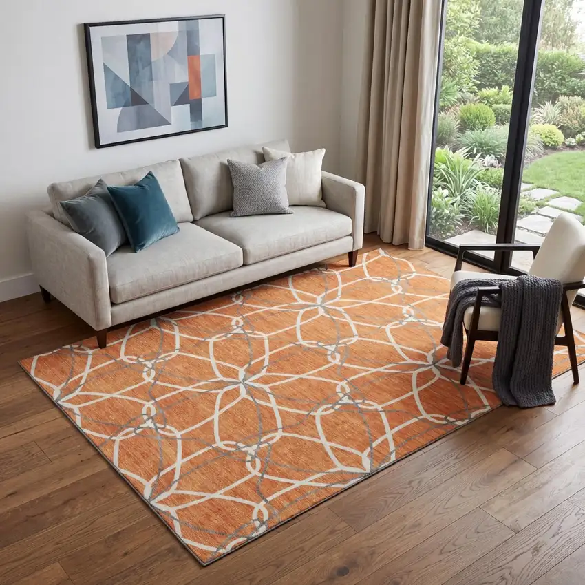 Orange Ivory And Gray Geometric Washable Area Rug With UV Protection Photo 1