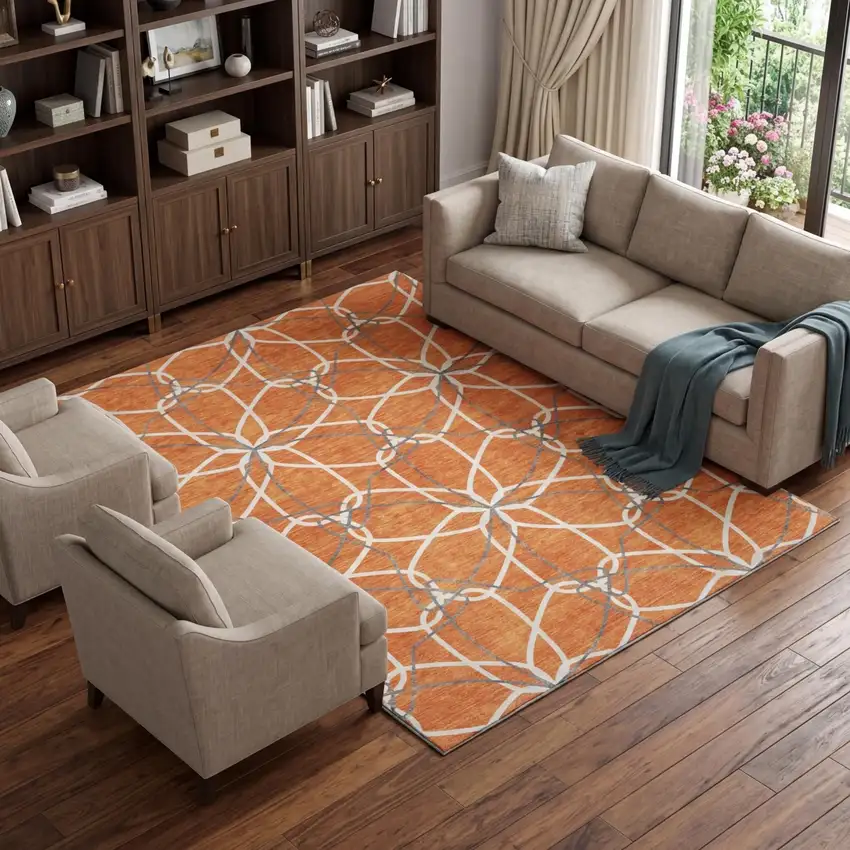 Orange Ivory And Gray Geometric Washable Area Rug With UV Protection Photo 1