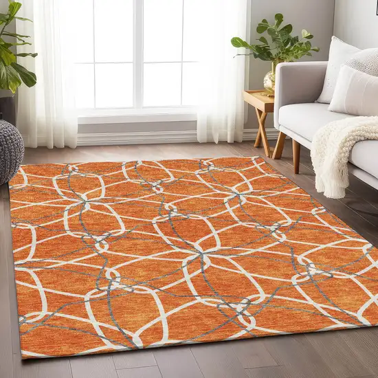 Orange Ivory And Gray Geometric Washable Area Rug With UV Protection Photo 3