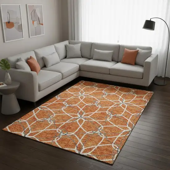 Orange Ivory And Gray Geometric Washable Area Rug With UV Protection Photo 2