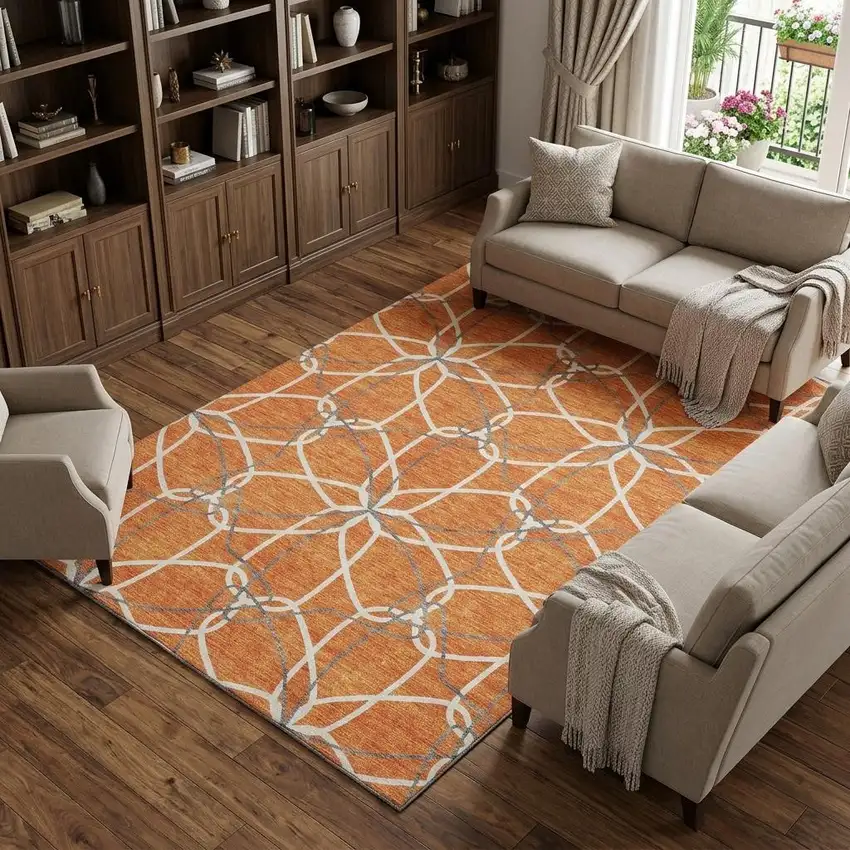 Orange Ivory And Gray Geometric Washable Area Rug With UV Protection Photo 1