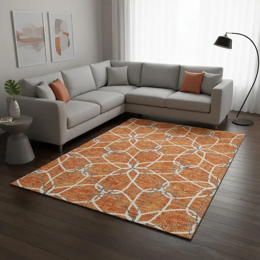 Orange Ivory And Gray Geometric Washable Area Rug With UV Protection Photo 2
