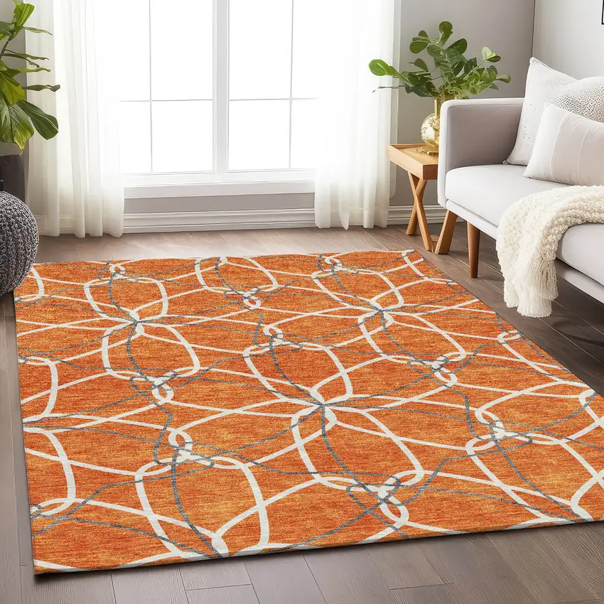 Orange Ivory And Gray Geometric Washable Area Rug With UV Protection Photo 4