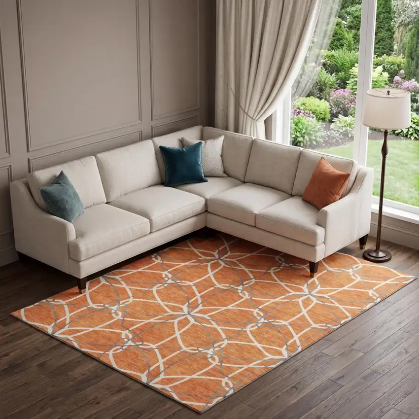 Orange Ivory And Gray Geometric Washable Area Rug With UV Protection Photo 1