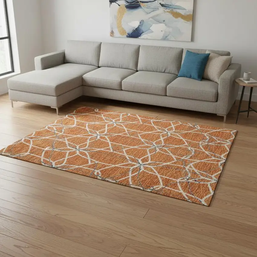 Orange Ivory And Gray Geometric Washable Area Rug With UV Protection Photo 2