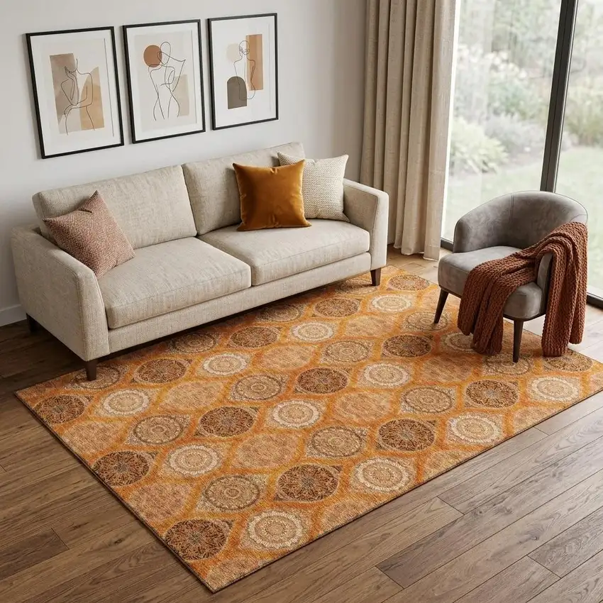 Orange Ivory And Gray Ogee Washable Area Rug With UV Protection Photo 1