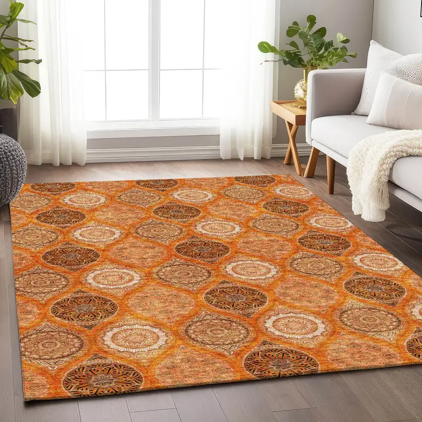 Orange Ivory And Gray Ogee Washable Area Rug With UV Protection Photo 2