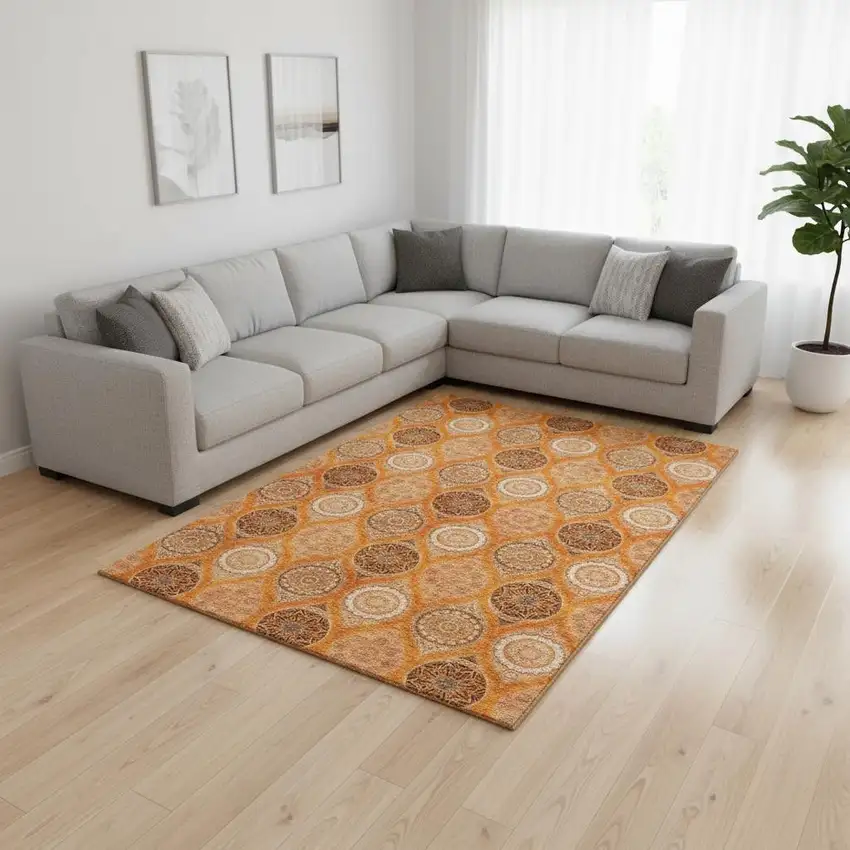 Orange Ivory And Gray Ogee Washable Area Rug With UV Protection Photo 2