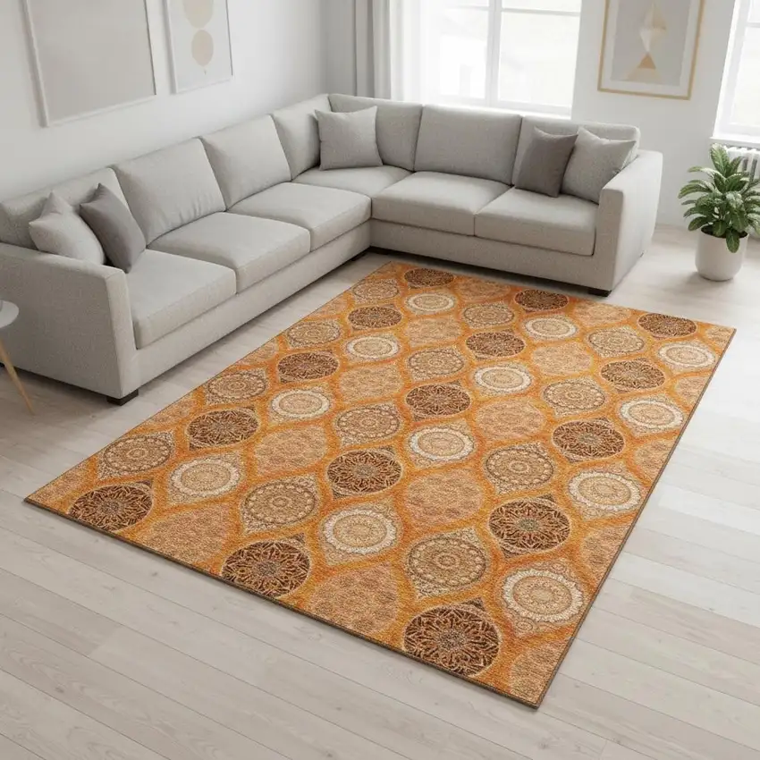 Orange Ivory And Gray Ogee Washable Area Rug With UV Protection Photo 2